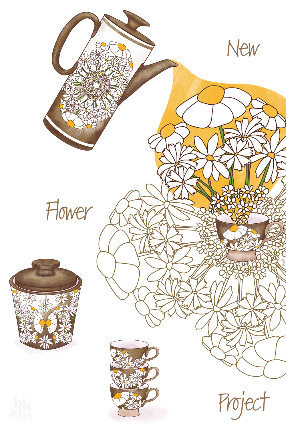 A hand-drawn image of a 1960's style tea pot decorated in daisies pouring loads of daisies into a dainty daisy tea cup. Artwork by bakkehus.