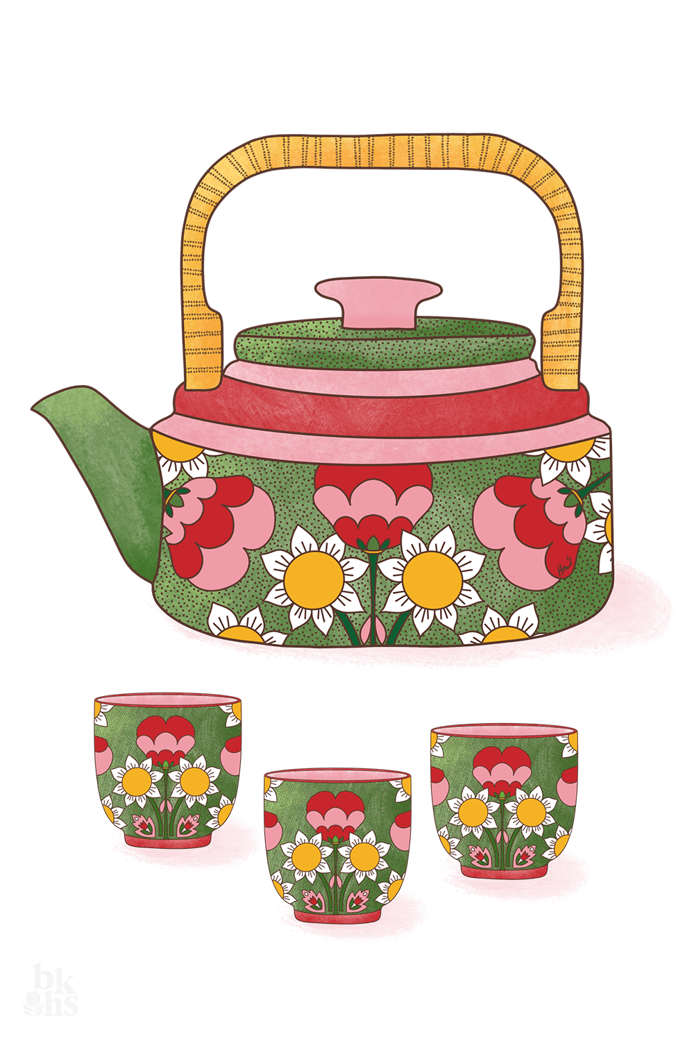 Three illustrated Japanese tea cups and teapot decorated in daisies and tulips