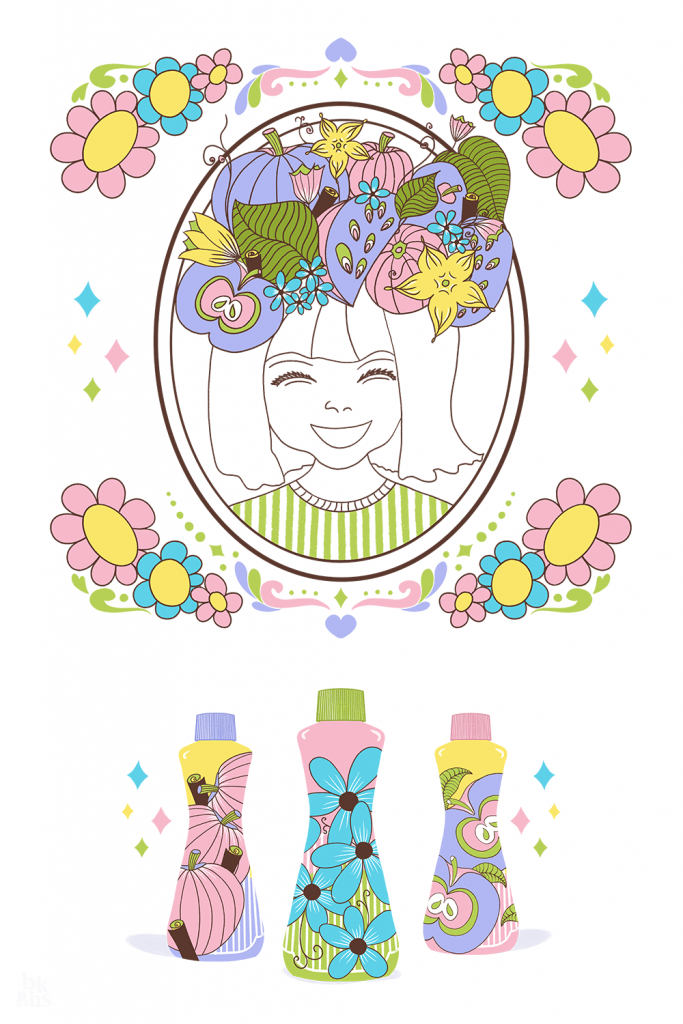 A Miss BKHS illustration of a little girl wearing a crown of fruit and flowers. She is placed in a floral picture frame above a set of shampoo bottles decorated with flowers and fruit. The image is reminiscent of 1960's teenage adverts