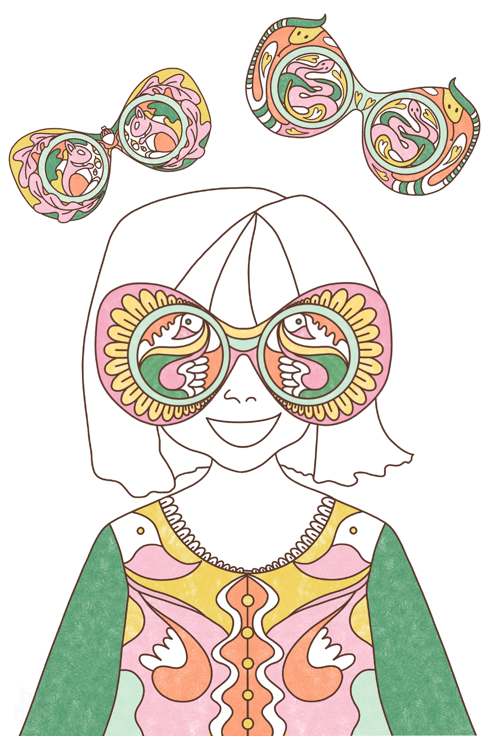 A Miss BKHS illustration of a little girl wearing giant sunnies that feature swans and daisies. Other pairs of sun glasses feature squirrels and snakes.