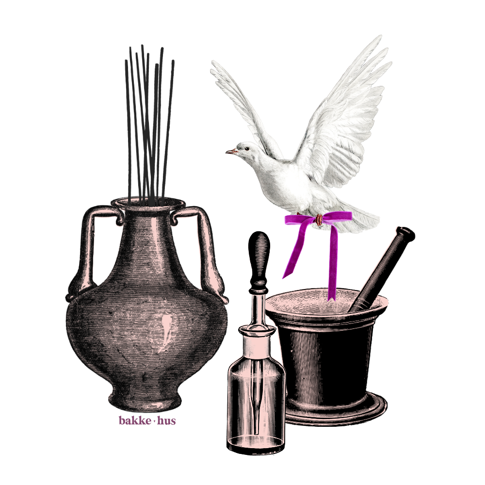 Photo collage of a White Dove, pestle & mortar, pipette and incense urn