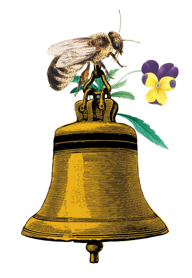 Photo collage of a yellow bell with a Violet flower and Bee sitting on top.