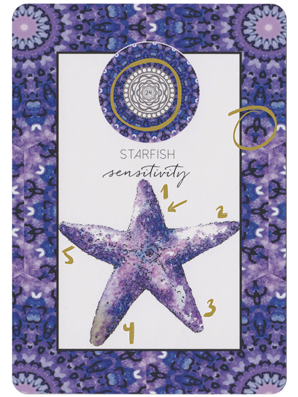 Purple and lilac Animal Kin Oracle Cards by Sarah Wilder featuring an illustrated Starfish and the word sensitivity. The image also contains numbered arrows pointing at each starfish tentacles and  card mandala