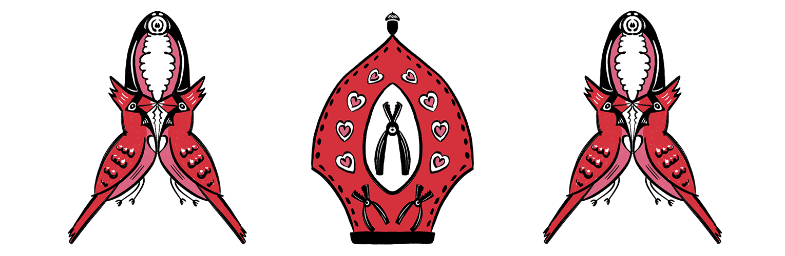 Illustration of a red Cardinal's hat with love hearts and a nutcracker tool drawn onto its front. On either side of the hat is a pair of nut cracker tools with Red Cardinal birds drawn as handles.