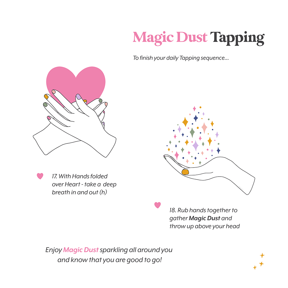 The Magic Dust Tapping technique has two final steps that involve generating magic (energetic) dust and showcases this with a step by step instruction on how to do that back up with two images - one is of folded hands over a large pink heart and the second is a single cupped hand full of multicoloured stars