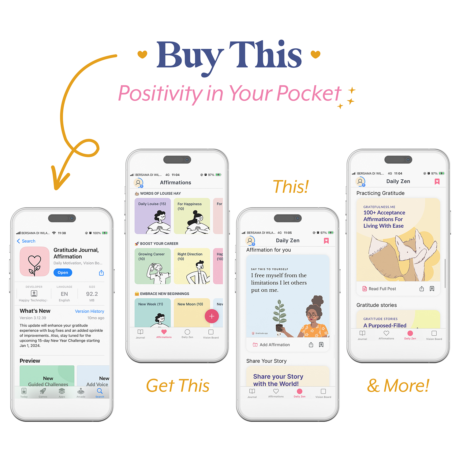 Buy This - Positivity in your Pocket images shows four mobile phones with images of what the Gratitude App offers subscribers.