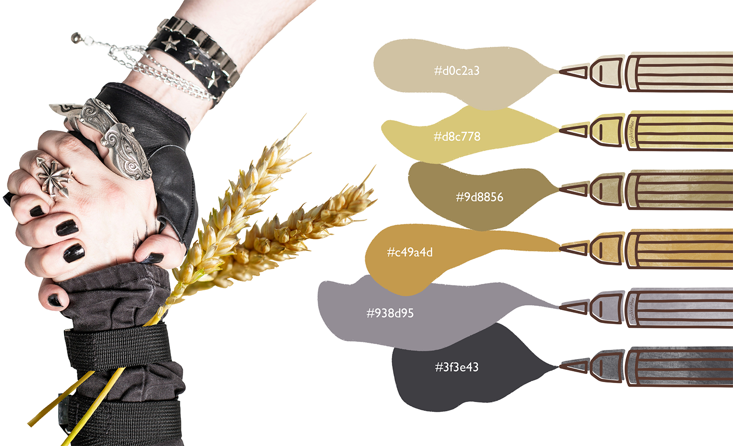 A split image featuring a hand adorned with gothic jewellery and black nail polish holding golden wheat stalks on the left, paired with a colour swatch palette on the right. The colour palette displays six distinct shades with their corresponding hex codes:
Light beige (#d0c2a3)
Pale gold (#d8c778)
Warm taupe (#9d8856)
Golden brown (#c49a4d)
Cool gray (#938d95)
Charcoal (#3f3e43)
Each colour is represented by a brush stroke shape with a stylised marker/pen illustration. 

The image belongs to bakkhus.com

Original photo of hands is by never-dull-studio-TwnH-Dy2A14-unsplash