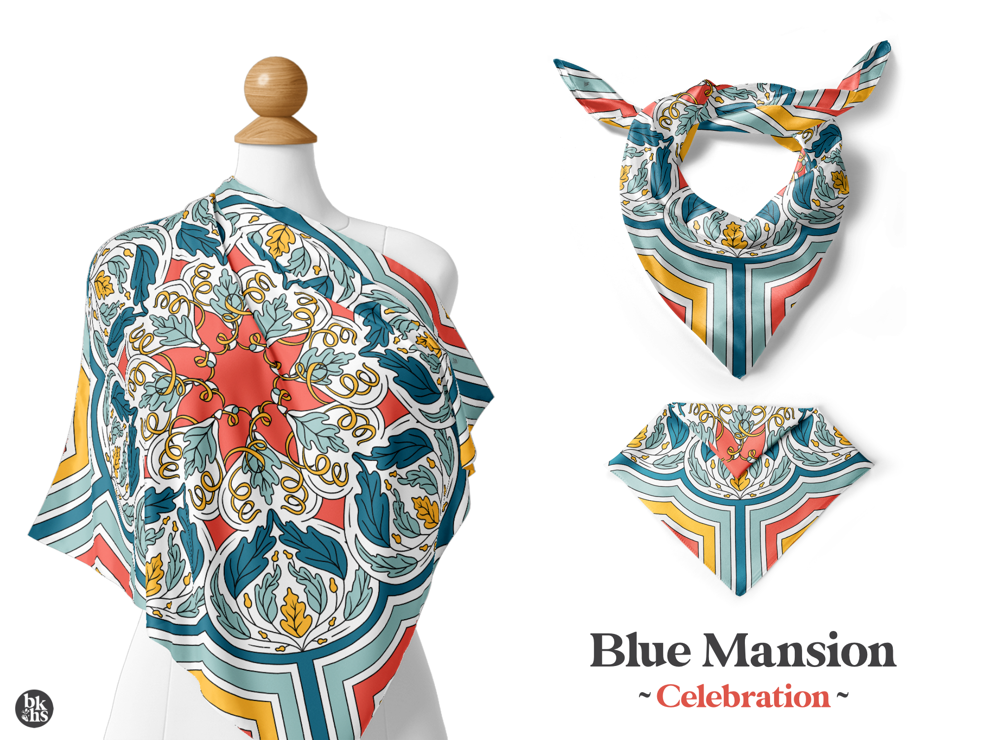“Blue Mansion – Celebration” scarf designed by Heidi Isaksen-Loxton, featuring a bold geometric pattern inspired by symbolic motifs from the Blue Mansion in George Town, Penang. The coral, teal, gold, and ivory design is shown draped on a mannequin and styled in multiple ways. © Heidi Isaksen-Loxton for bakkehus.com