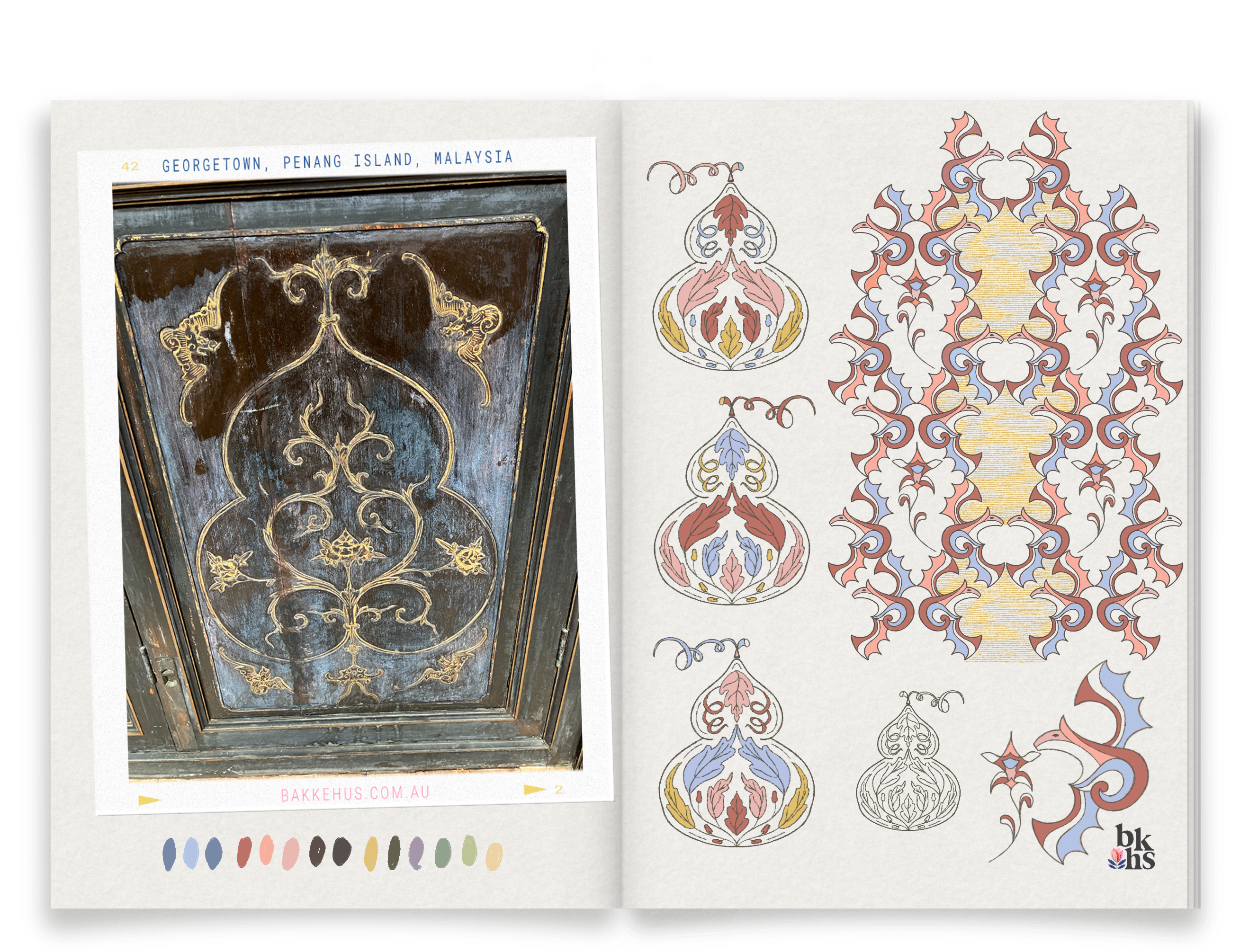 Split-page image featuring a photo of an ornately carved wooden panel from the Blue Mansion in George Town, Penang, Malaysia, alongside original Procreate sketchbook drawings by Heidi Isaksen-Loxton, inspired by the panel’s floral and curvilinear motifs, with color palette swatches and decorative pattern studies. © Heidi Isaksen-Loxton for bakkehus.com