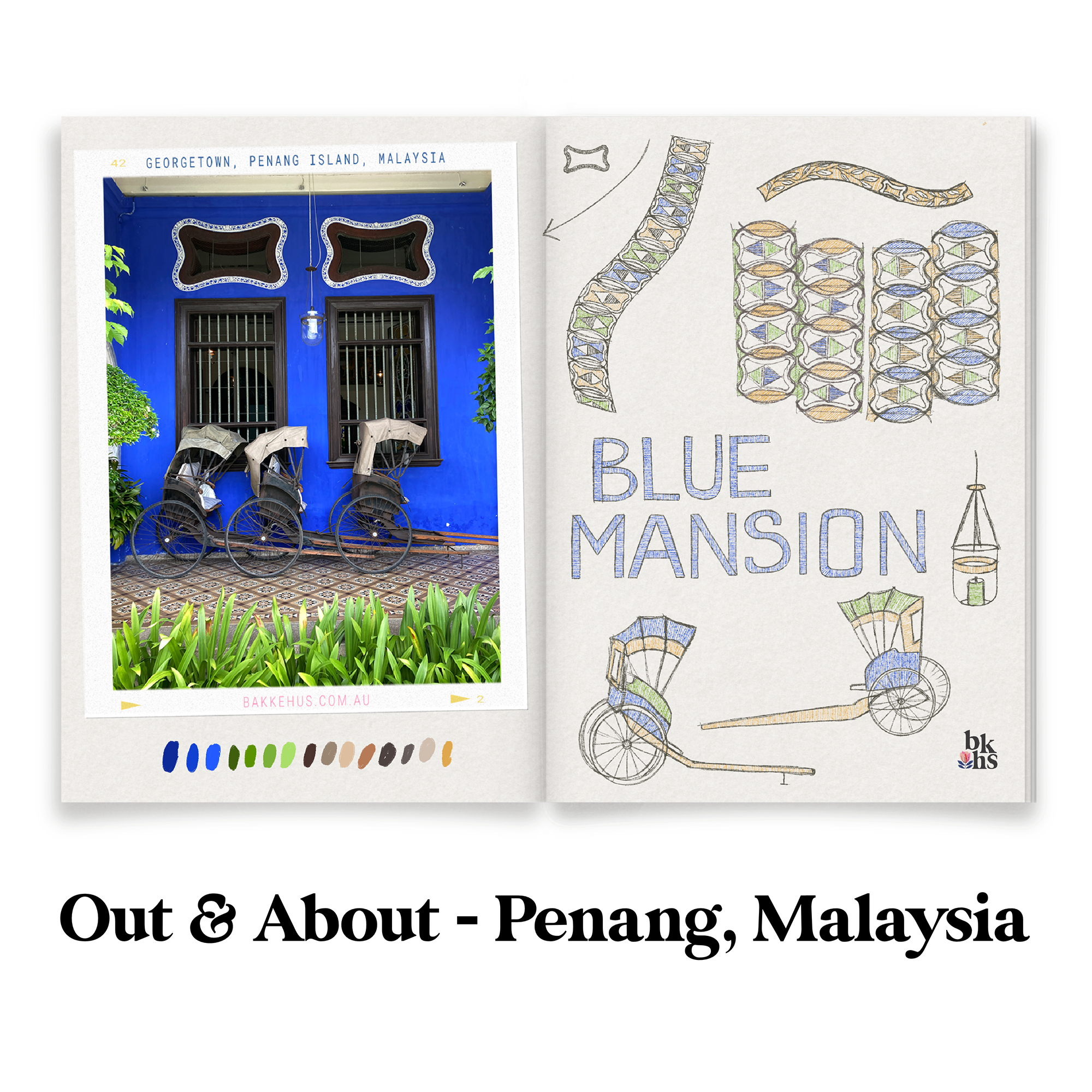 Split-page visual combining a photograph of traditional rickshaws in front of the vivid ultramarine facade of the Blue Mansion in George Town, Penang, Malaysia, with an original Procreate sketchbook page by Heidi Isaksen-Loxton featuring hand-drawn tile motifs, rickshaw illustrations, and a colour palette inspired by the visit. © Heidi Isaksen-Loxton for bakkehus.com