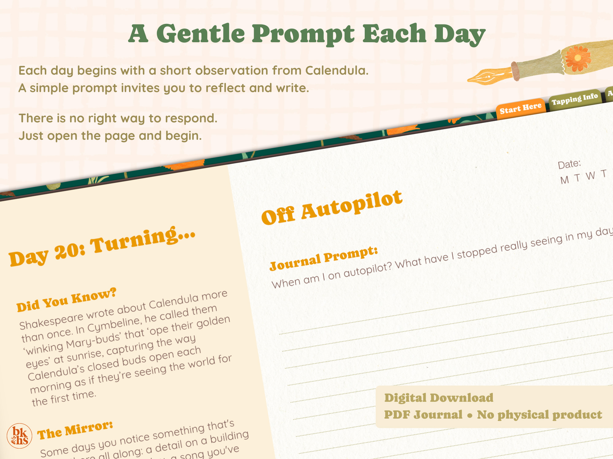 Daily prompt journal page: A gentle journaling spread titled “A Gentle Prompt Each Day” and “Day 20: Turning…” features a cream background with soft peach grid, warm green headings, golden-orange subheadings, and a right-hand “Off Autopilot” prompt page indicating digital download only; by Heidi Isaksen-Loxton for bakkehus.com