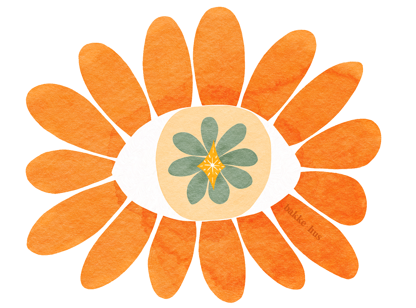 Calendula magic eye motif: A stylized eye is formed from bright orange calendula petals radiating around a central cream oval, with a mint‑green flower and golden starburst at the center, in a palette of tangerine orange, buttercream, soft teal‑green, and sunflower yellow; illustration by Heidi Isaksen-Loxton for bakkehus.com