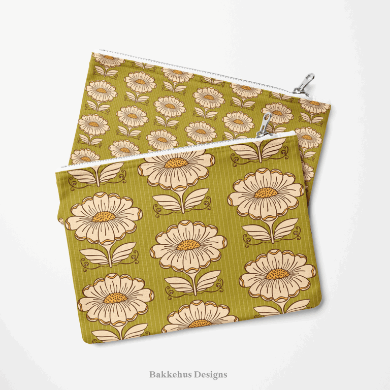 Two zip pouches made from Hillside Bloom fabric, one lying on the other, printed with cream daisies and stylised leaves on olive green.