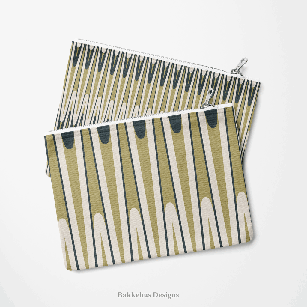 Two zip pouches made from Retro Wavy Stripe fabric, one lying on the other, printed with looping olive green and charcoal waves on a cream ground.