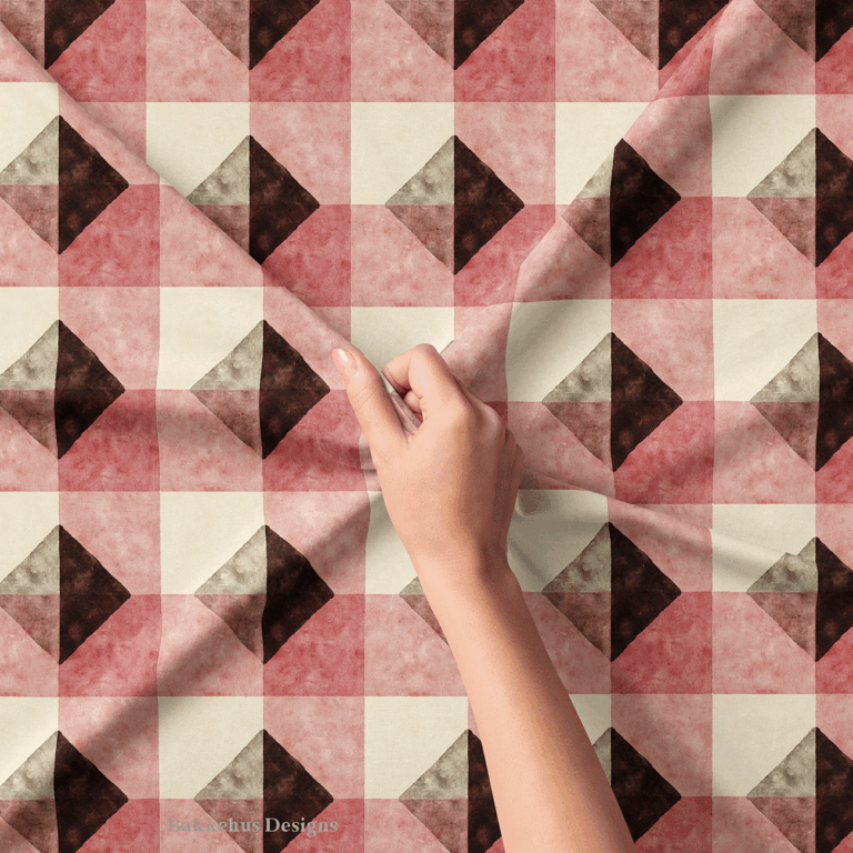 Close-up of a hand lifting Textured Brown Diamond Check fabric, showing the watercolour-style texture on the deep brown diamonds and clay-rose blocks.