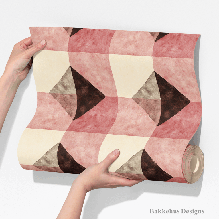 Two hands unroll a length of Textured Brown Diamond Check wallpaper, showing the medium-scale check of deep brown diamonds and clay-rose blocks on cream.